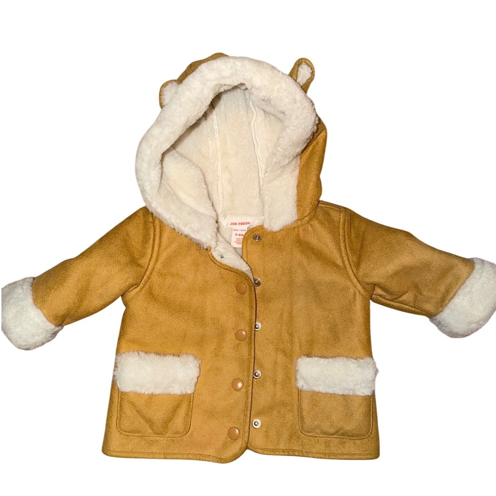 Joe Fresh Baby Faux Suede Shearling Hooded Coat Tan Mustard 3-6M